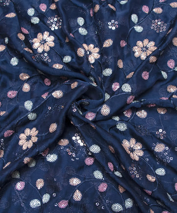 Teal Blue Colour Floral Embroidery Pure Viscose Organza Silk Fabric